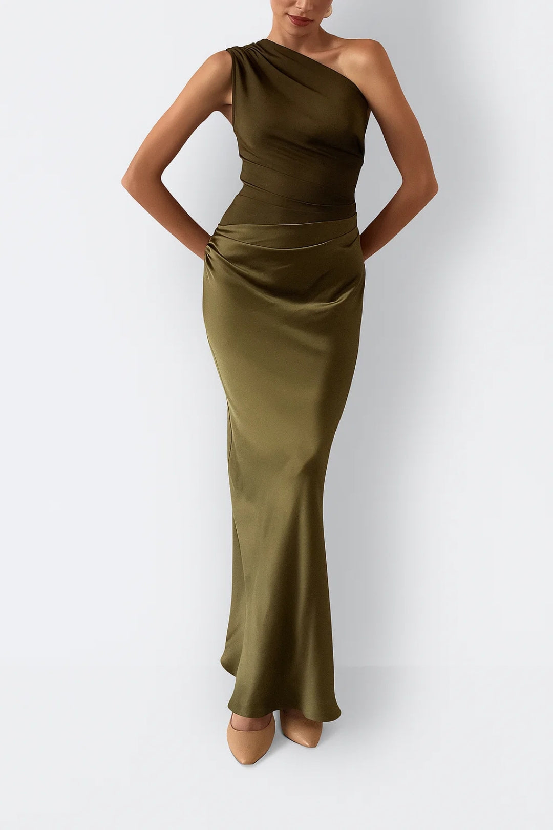 Maxi Dress for Women - One Shoulder and Fitted Cut | Pleated Waist