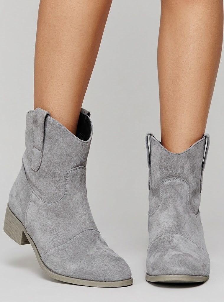 Women's Suede-Look Western Ankle Boots – Pointed Toe Low Heel
