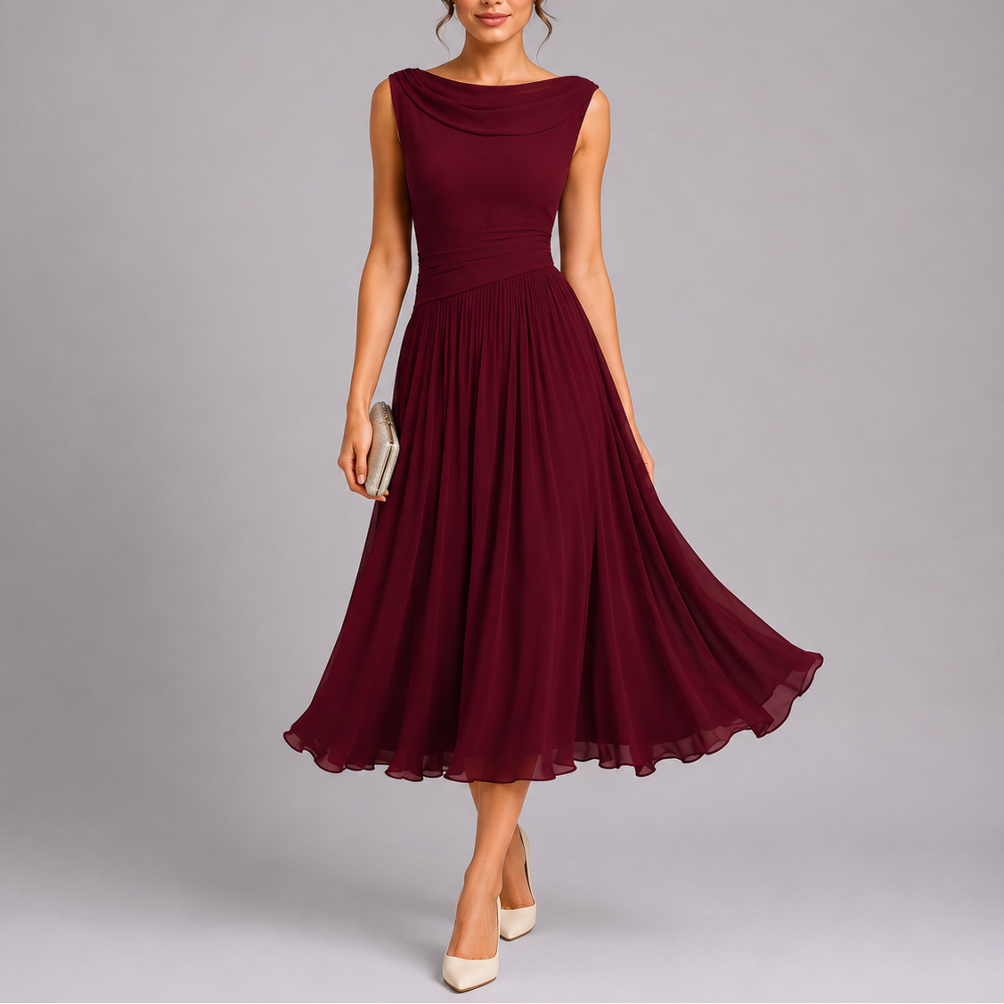 Women's Elegant Pleated Midi Dress with Draped Neckline