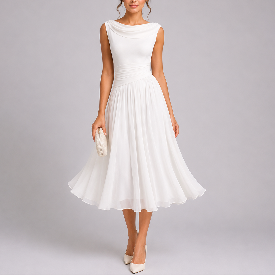 Women's Elegant Pleated Midi Dress with Draped Neckline