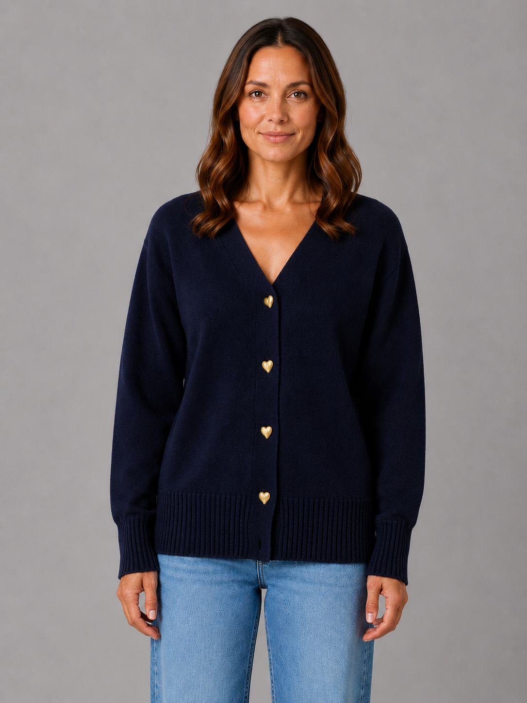 Women's Heart Button Cardigan – Soft Knit V-Neck Button-Up Style