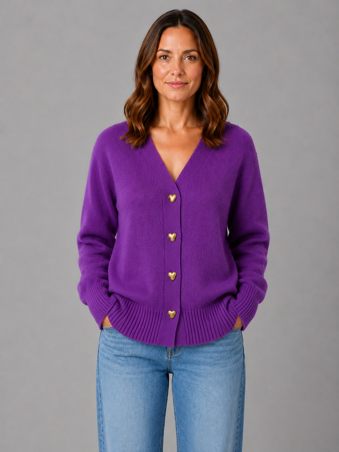 Women's Heart Button Cardigan – Soft Knit V-Neck Button-Up Style