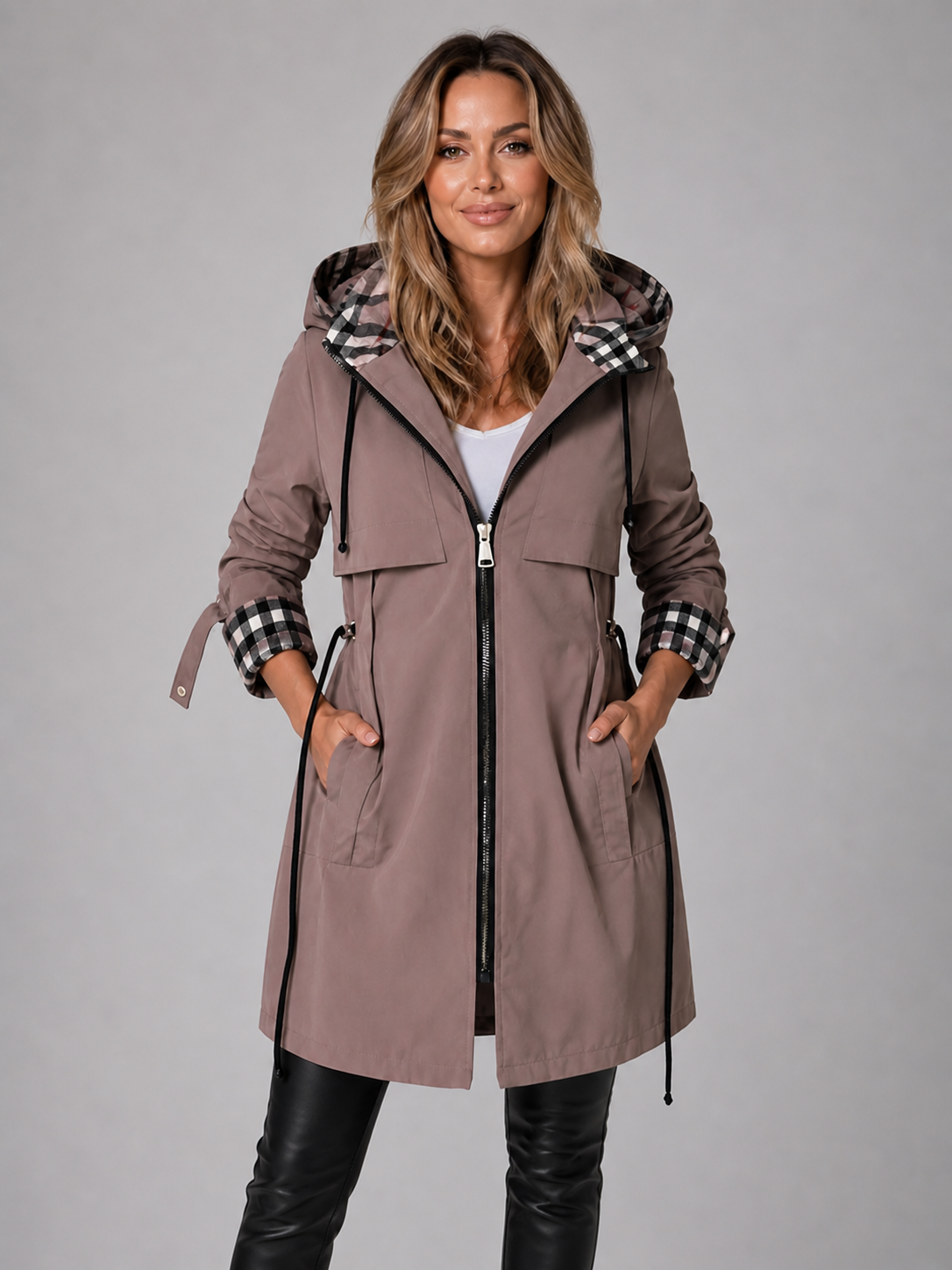 Women’s Hooded Long Jacket – Adjustable Waist Zip Coat