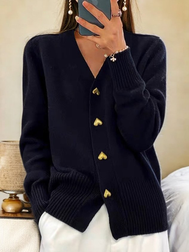 Women’s V-Neck Knitted Cardigan – Heart Button Relaxed Fit