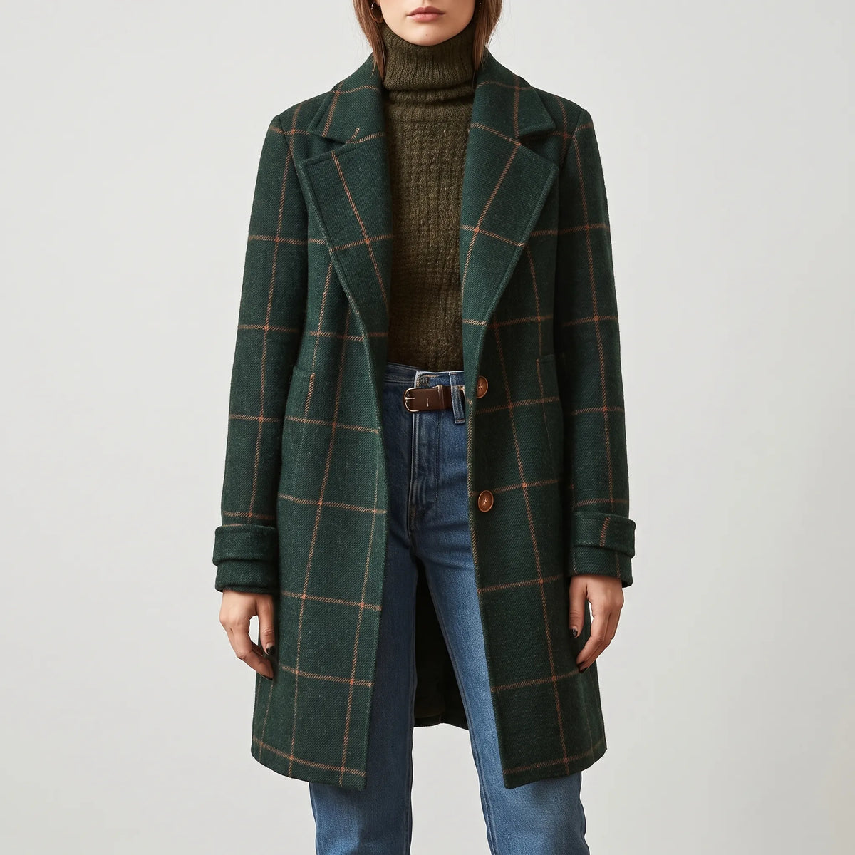 Women's Long Checked Coat – Fitted Button-Up Winter Coat