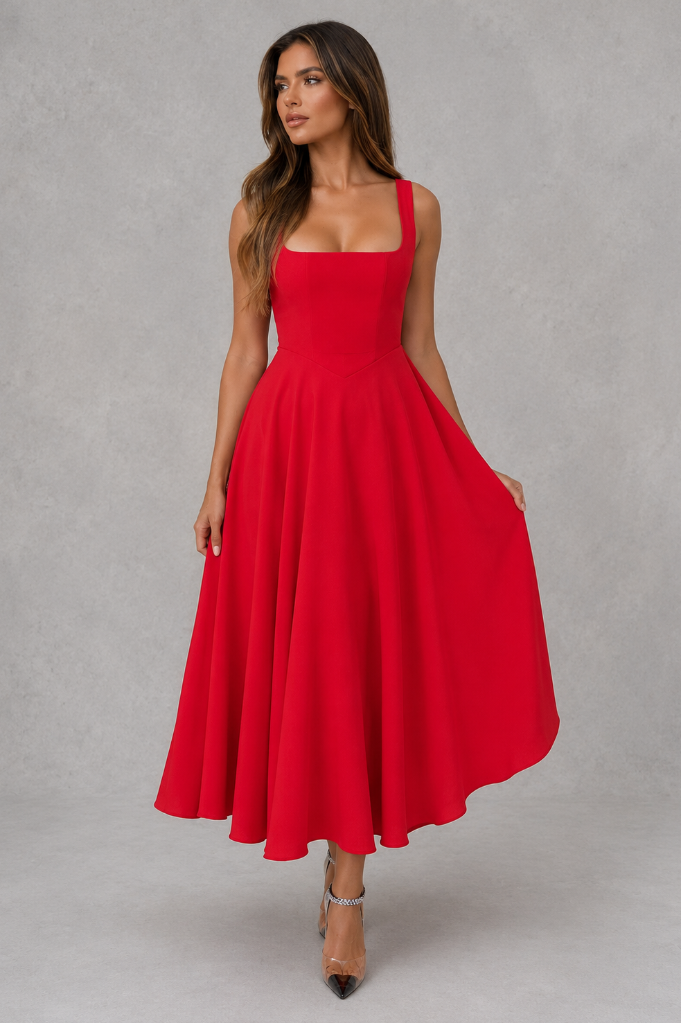 Women’s Square Neck A-Line Midi Dress for Work & Special Occasion Wear