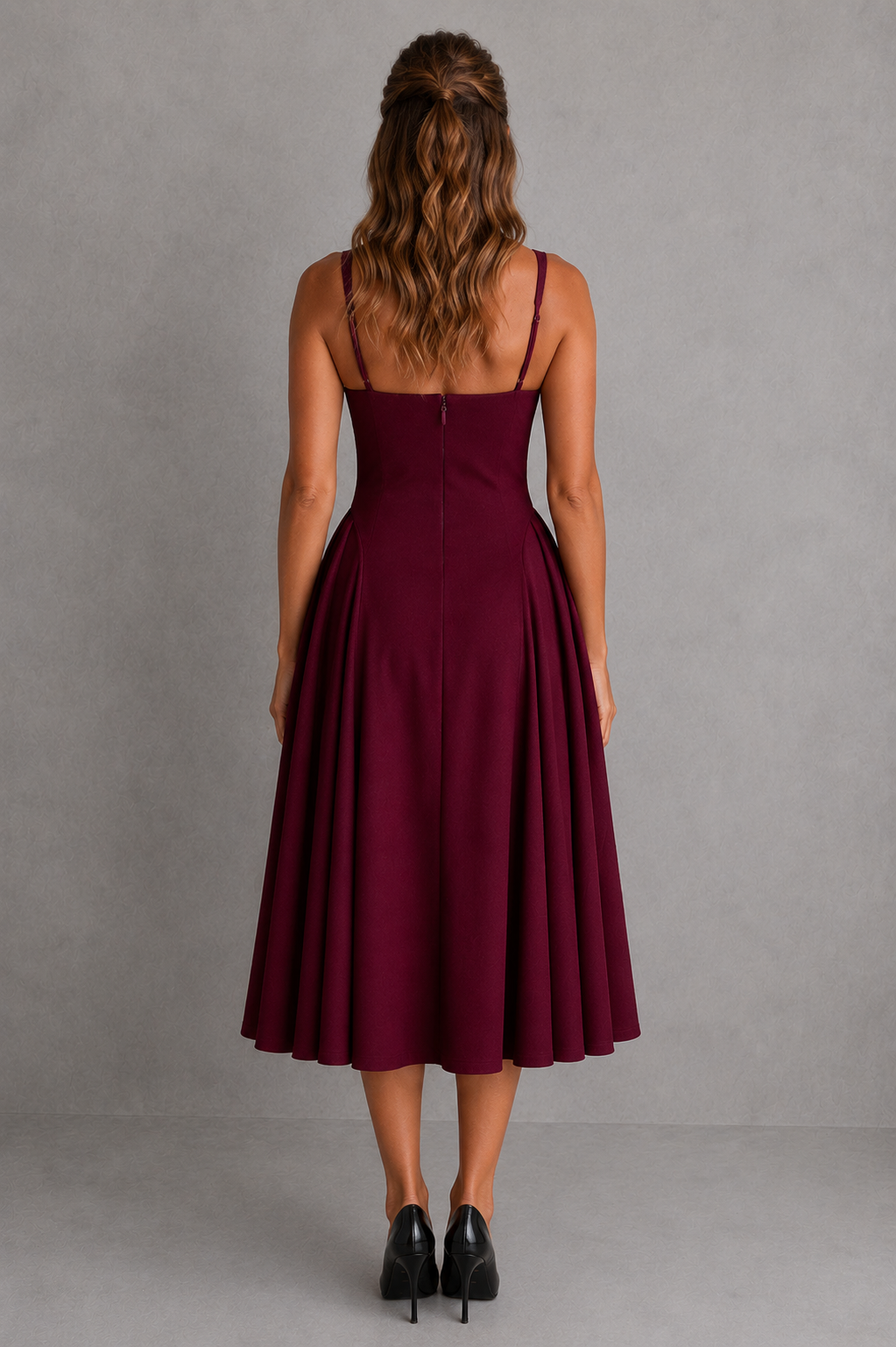 Women’s Square Neck Midi Dress with Full Godet Skirt for Evening & Formal Wear