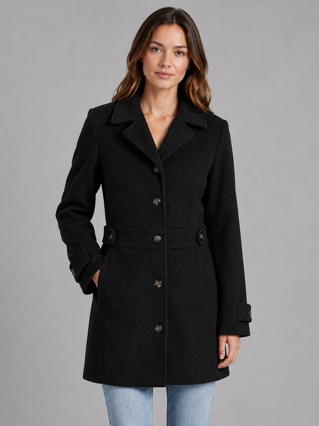 Women's Tailored Button Coat – Longline Collared Smart Jacket