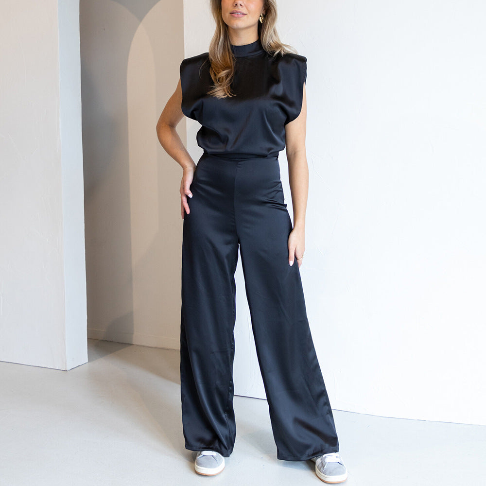 Women's Wide Leg Jumpsuit, High Neck Sleeveless