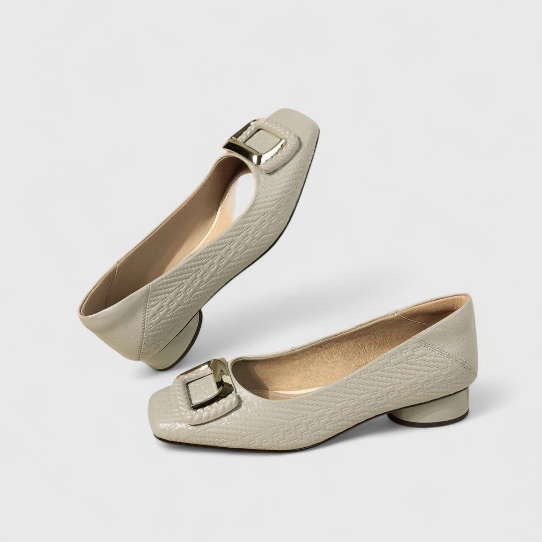 Women's Square-Toe Low Heels with Gold Buckle Detail