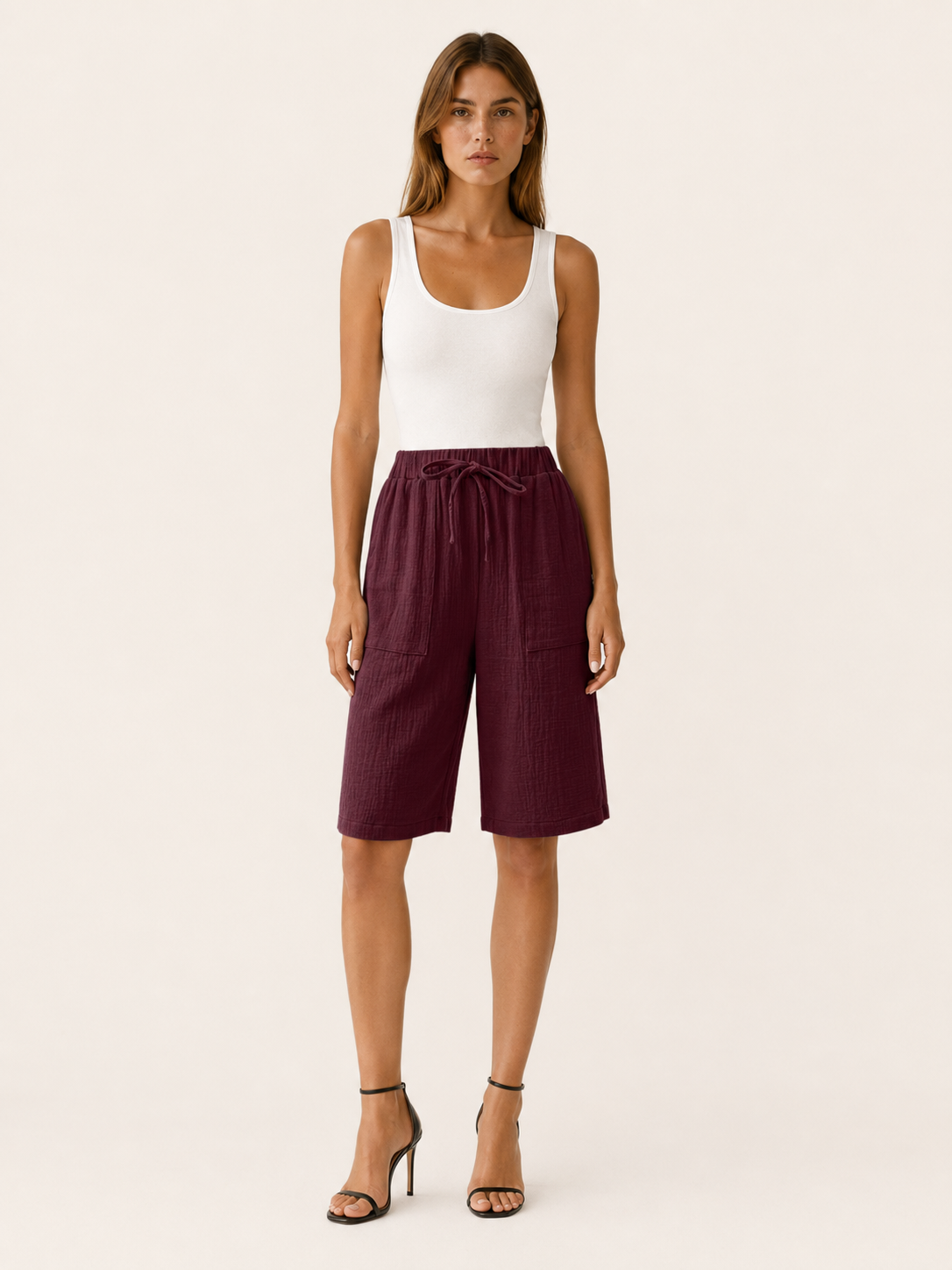 Cotton Shorts with Drawstring Waist Wide Leg Fit