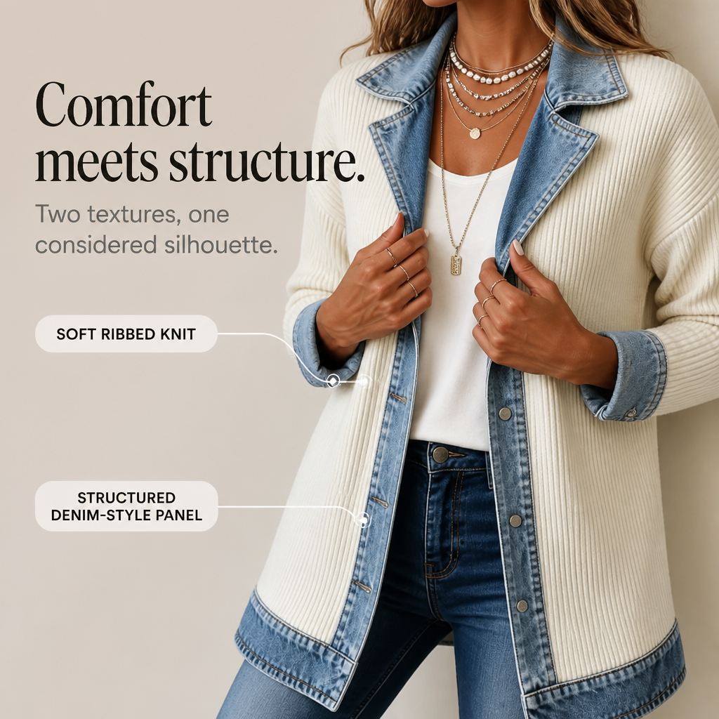 Women's Ribbed Knit & Denim Coat – Open Front Longline Cardigan