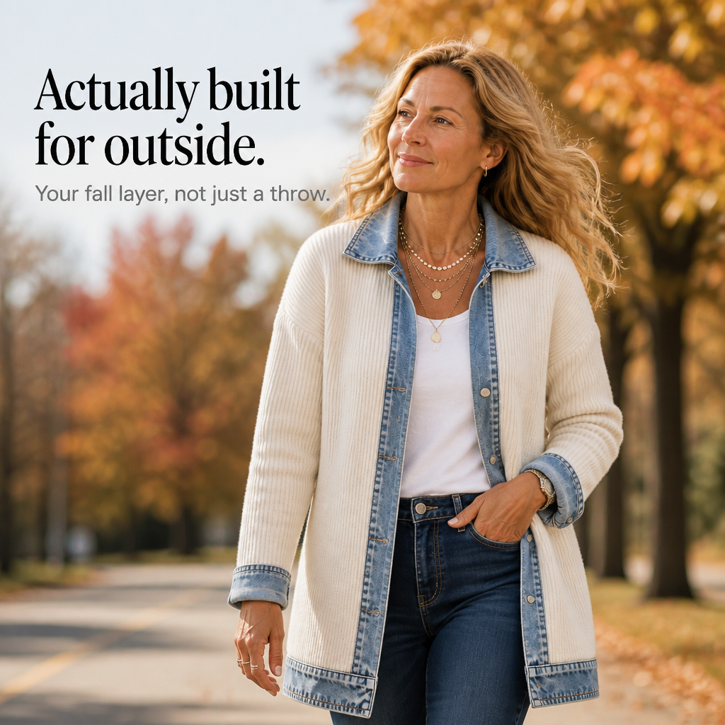 Women's Ribbed Knit & Denim Coat – Open Front Longline Cardigan