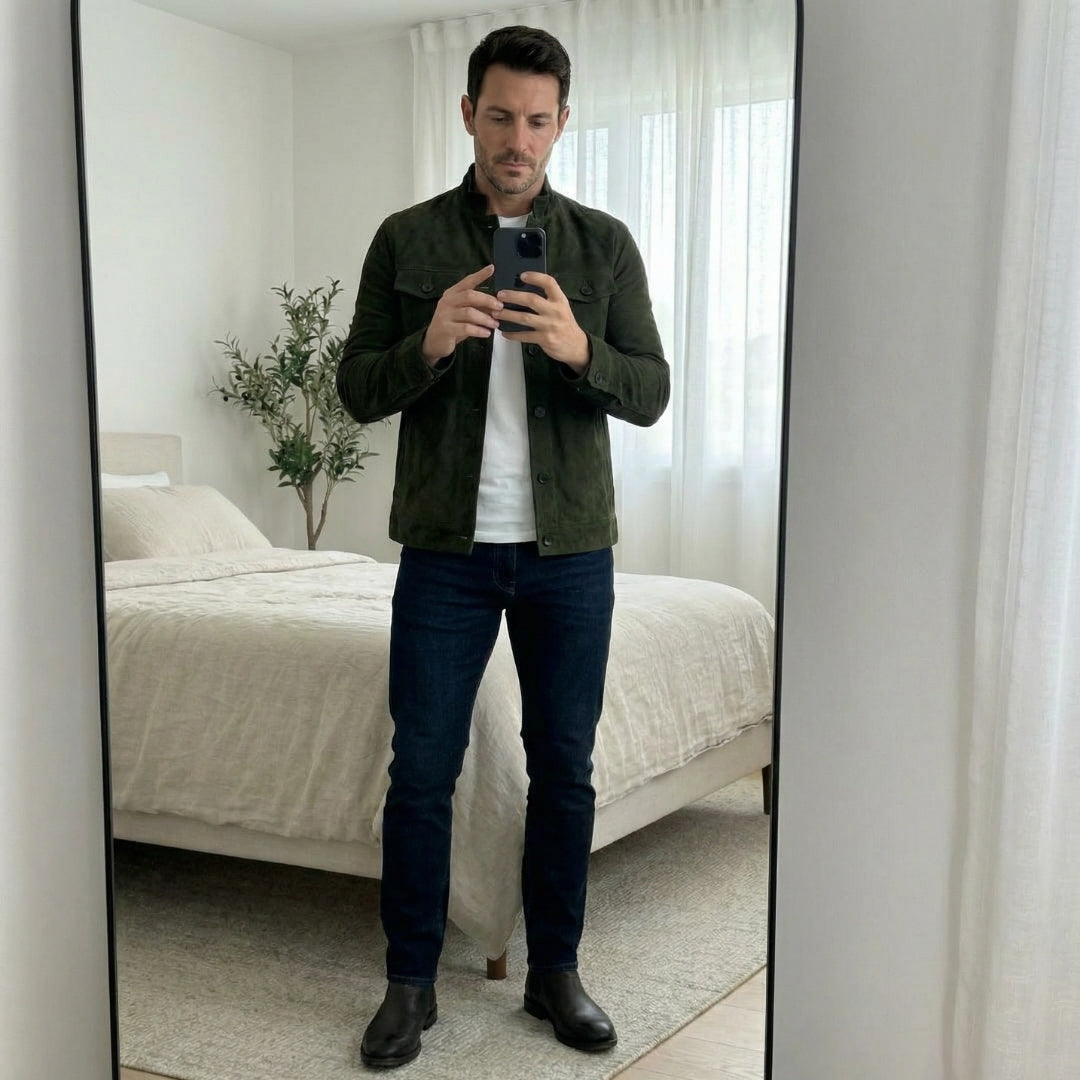 Men's Suede Button-Up Jacket – Classic Chest Pocket Design