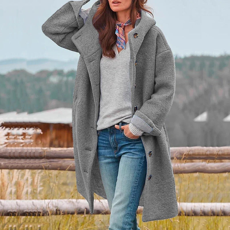 Women's Hooded Winter Coat - Relaxed Button-Front Style