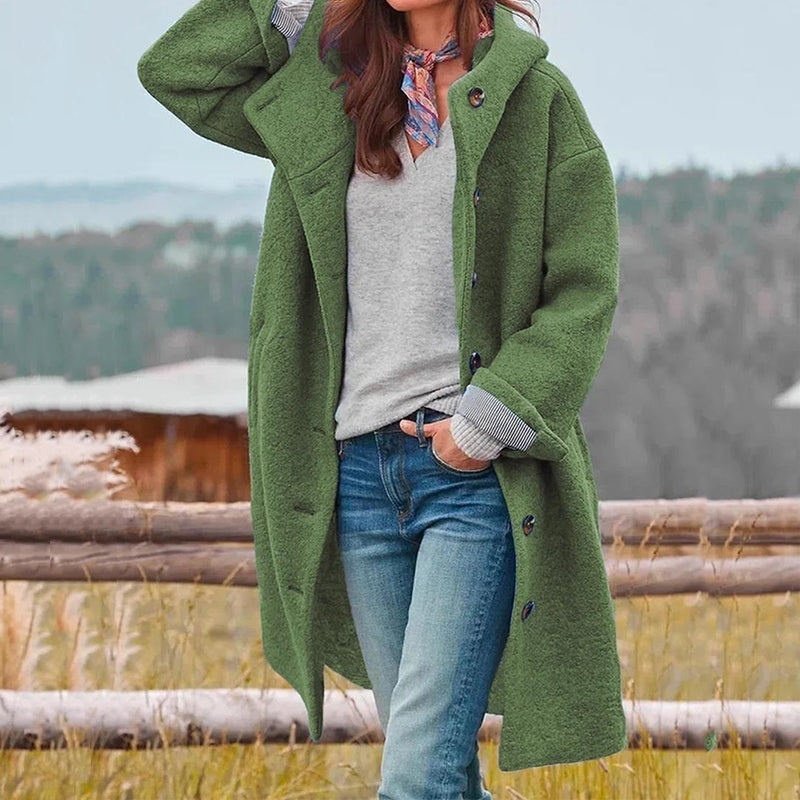 Women's Hooded Winter Coat - Relaxed Button-Front Style