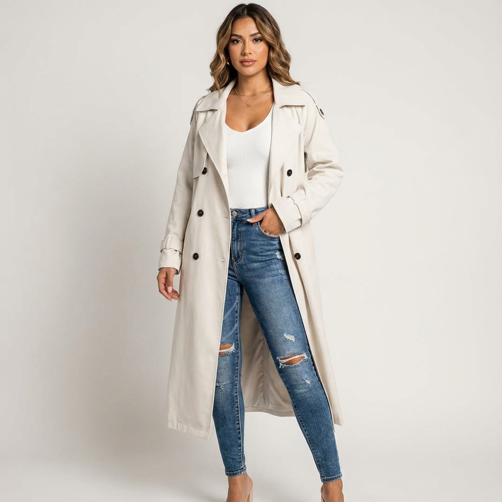 Ladies' Trench Coat Long Fit Classic Button Placket Casual Formal