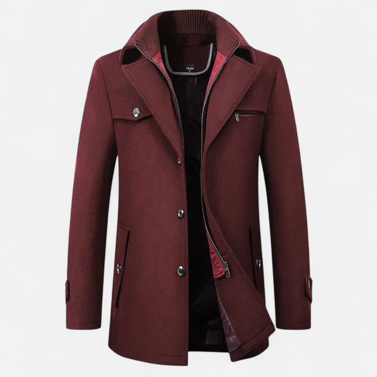 Men's Wool Trench Coat – Double Collar Zip-Up Design