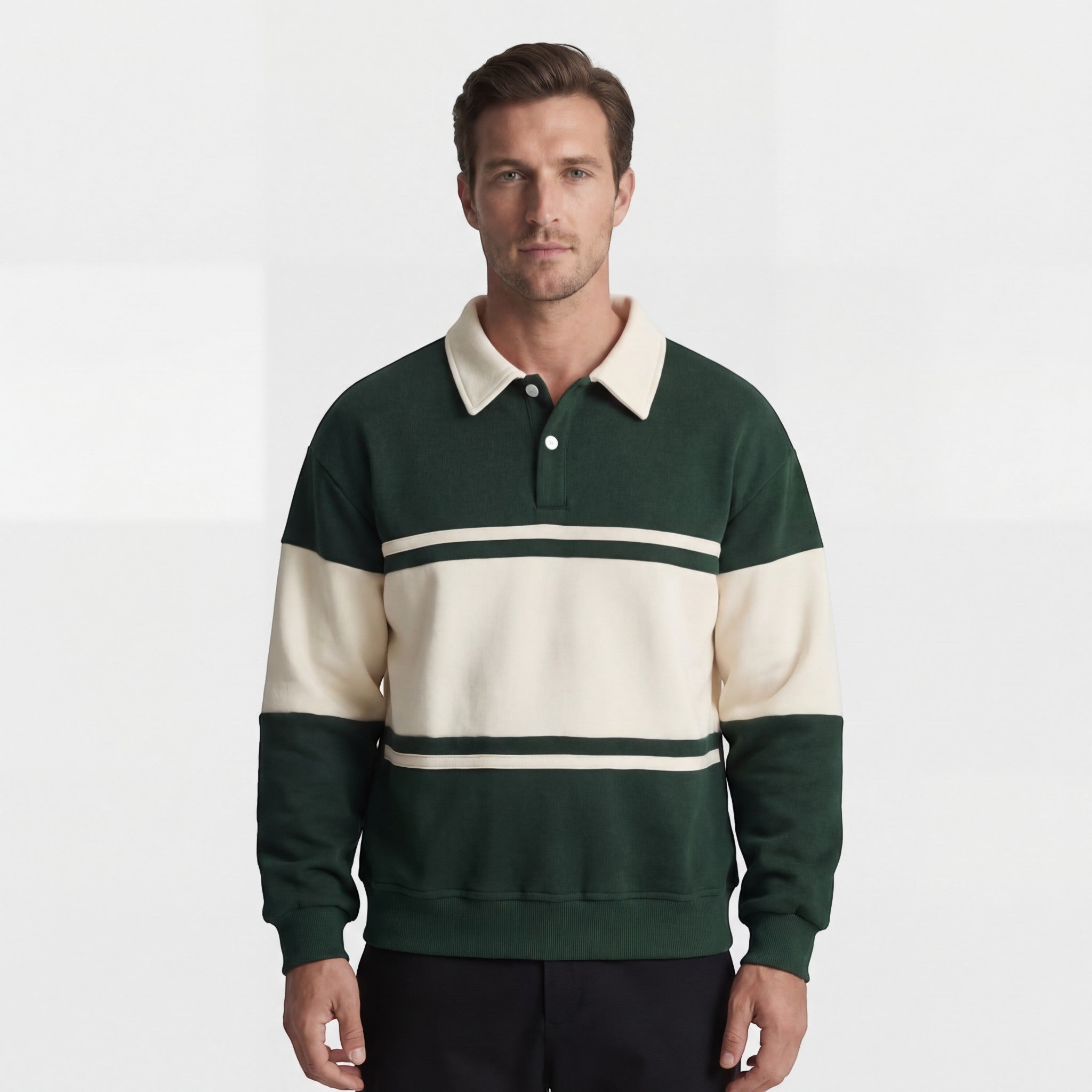 Men's Striped Polo Collar Sweatshirt - Relaxed Fit