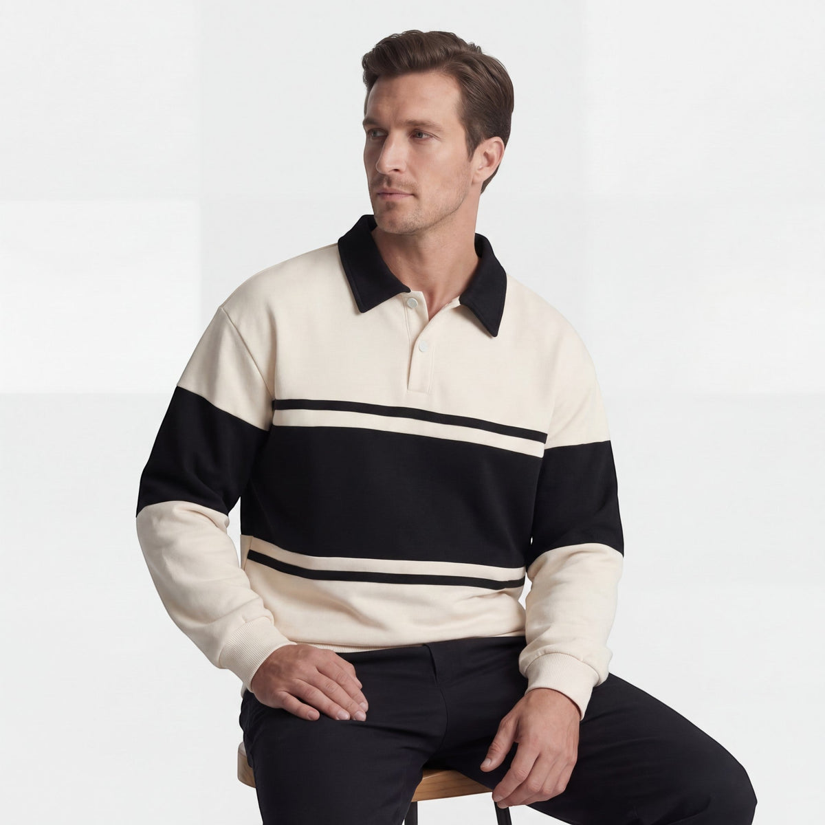 Men's Striped Polo Collar Sweatshirt - Relaxed Fit