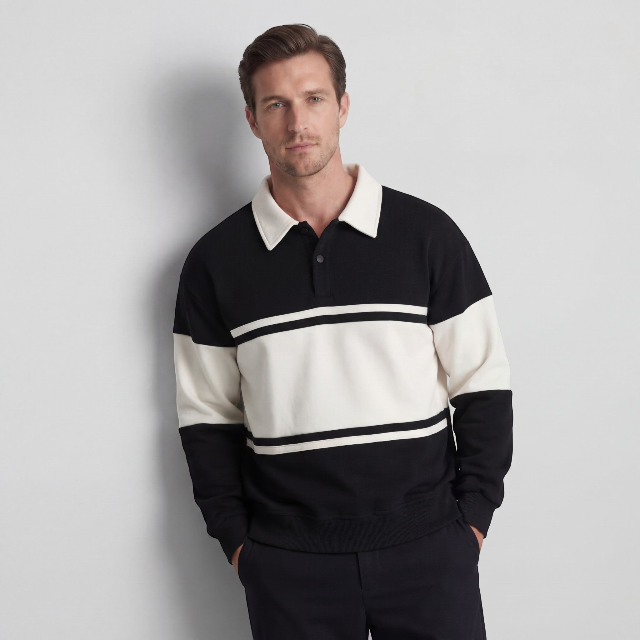Men's Striped Polo Collar Sweatshirt - Relaxed Fit
