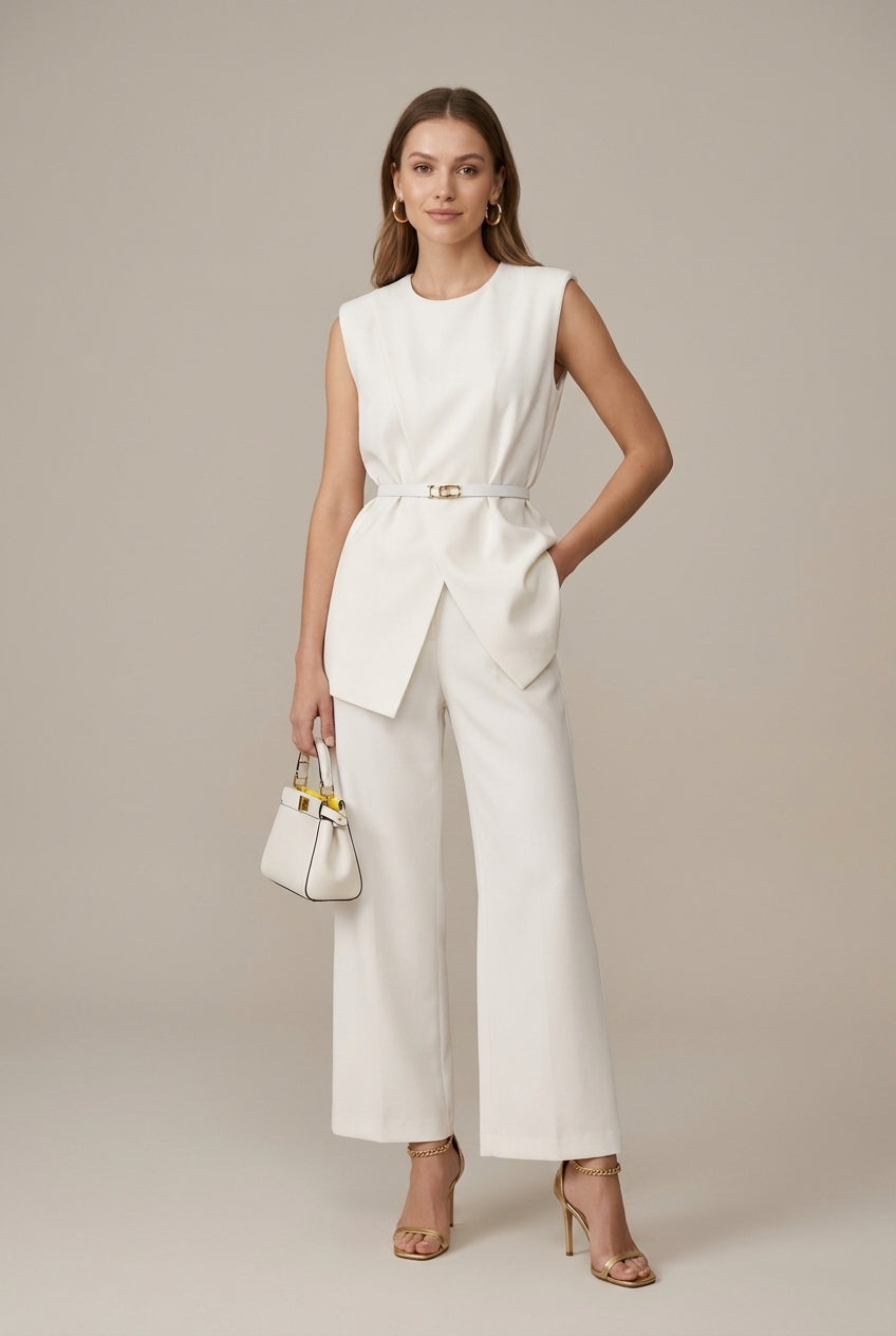 Women's Tailored Sleeveless Round Neck Asymmetric Wrap Top - Wide Leg Set
