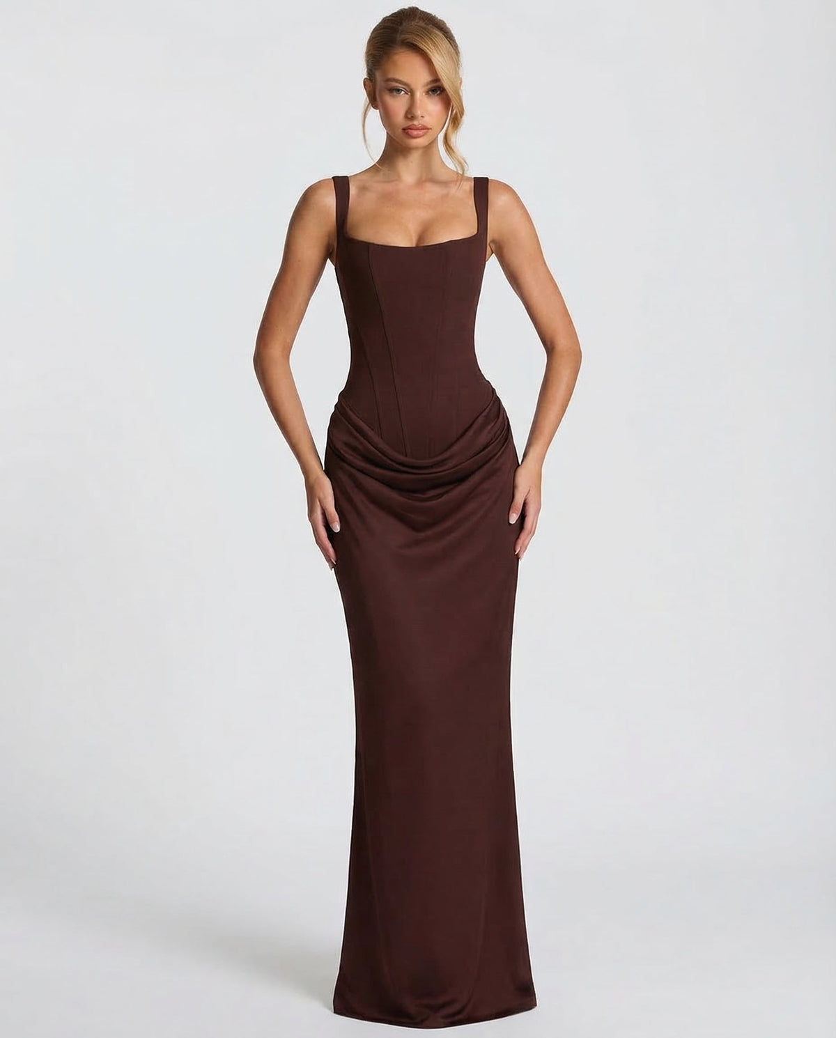 Women's Draped Corset Maxi Dress – Square Neck Evening Gown