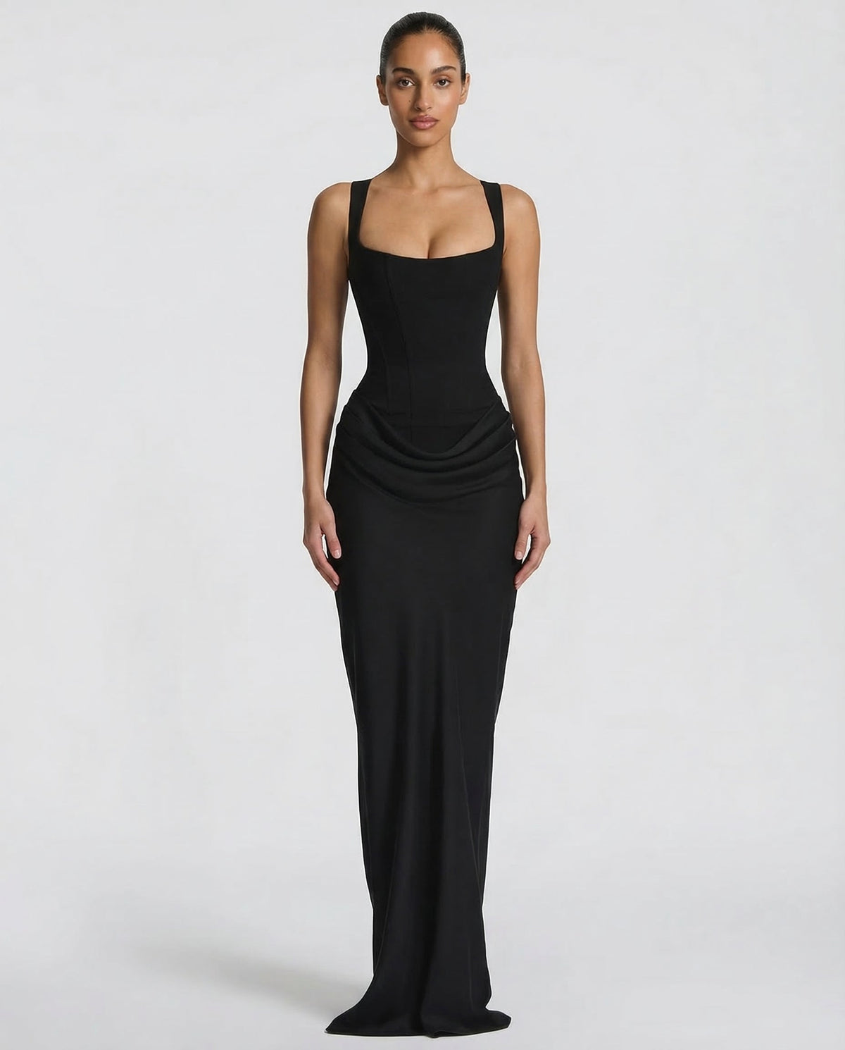 Women's Draped Corset Maxi Dress – Square Neck Evening Gown