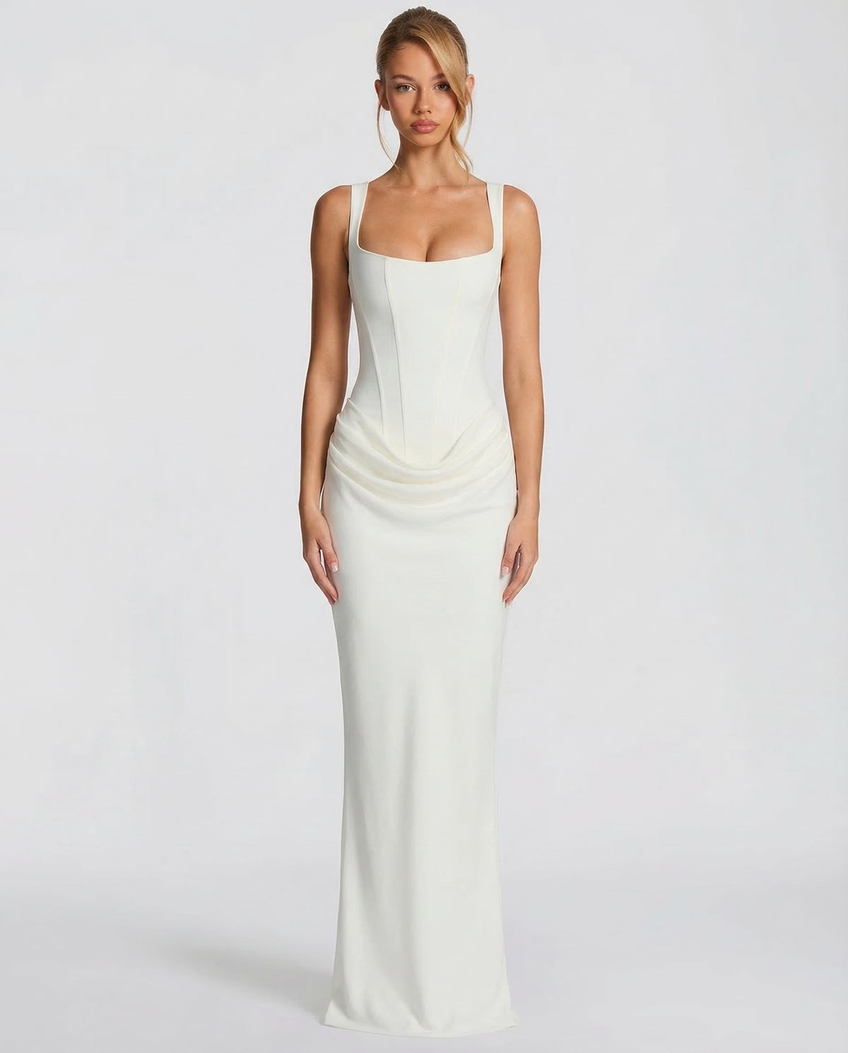 Women's Draped Corset Maxi Dress – Square Neck Evening Gown