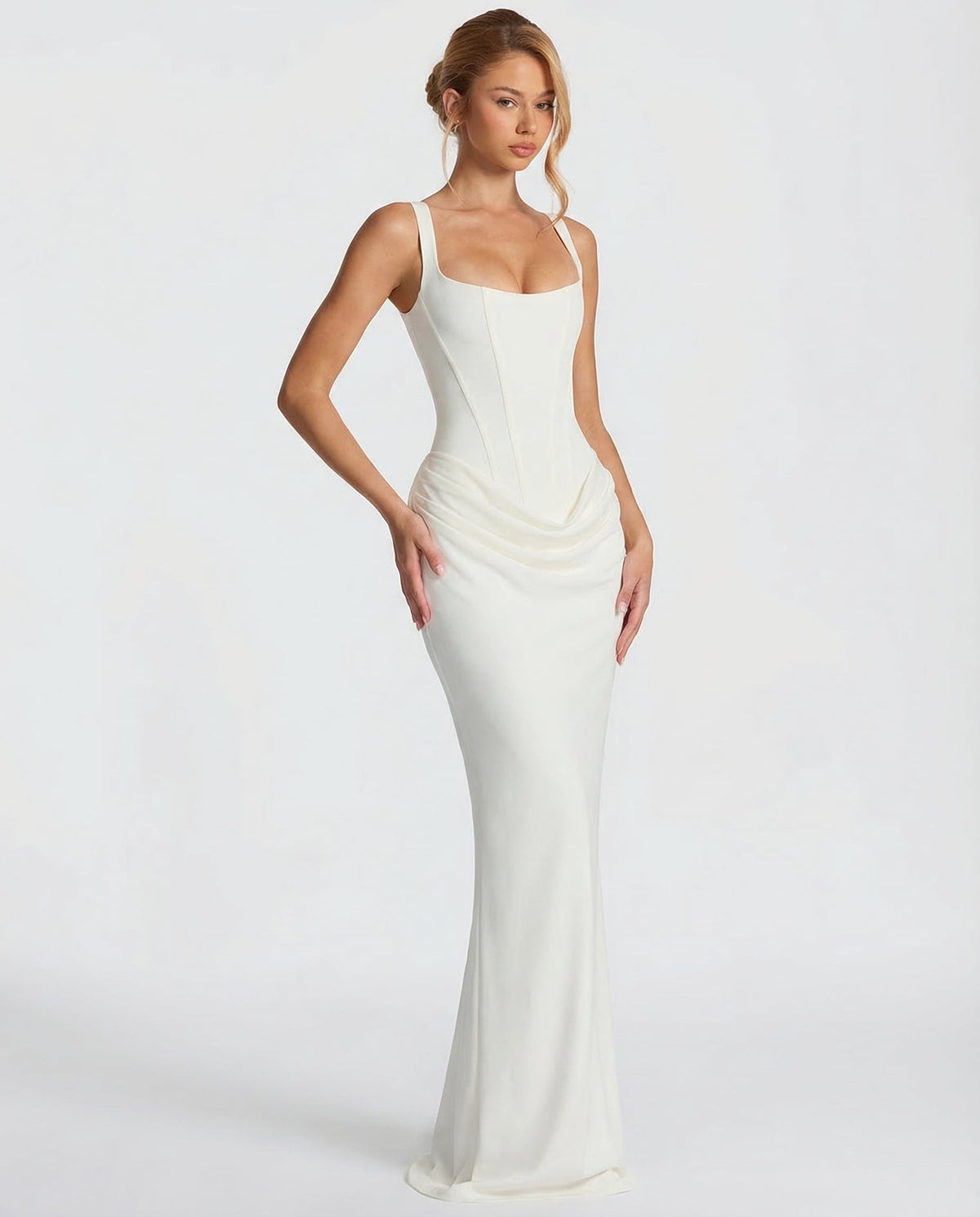 Women's Draped Corset Maxi Dress – Square Neck Evening Gown
