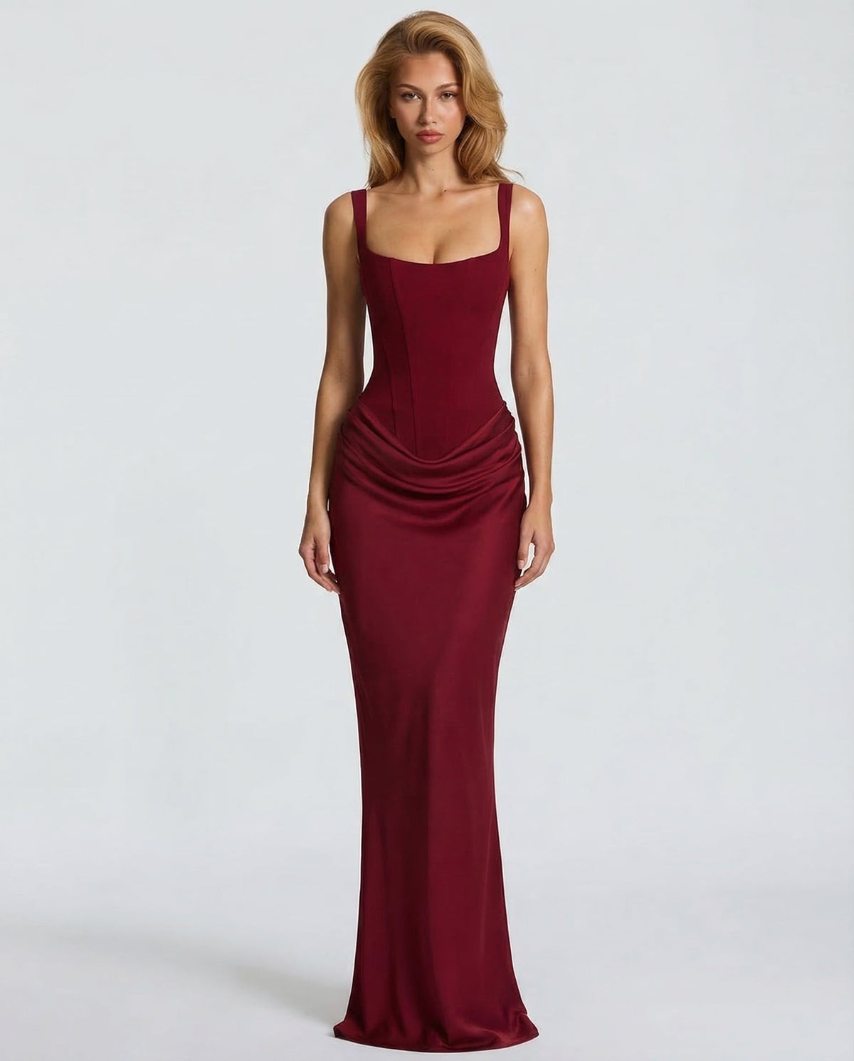Women's Draped Corset Maxi Dress – Square Neck Evening Gown