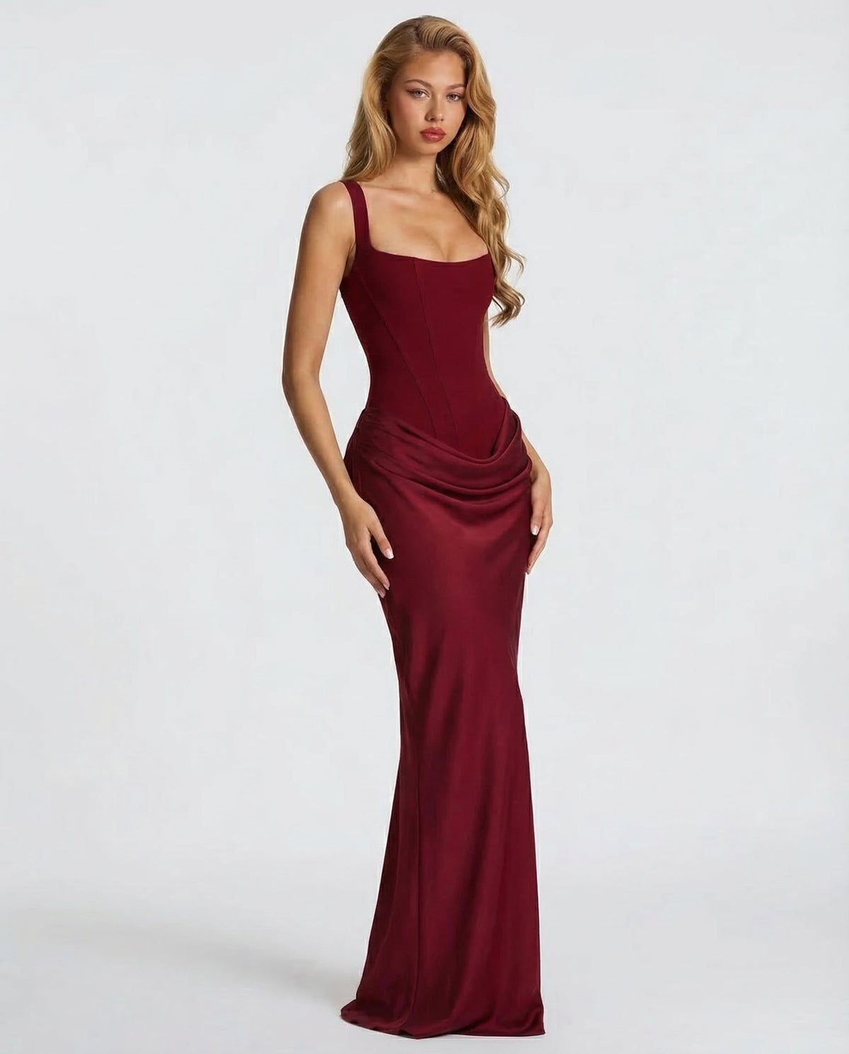 Women's Draped Corset Maxi Dress – Square Neck Evening Gown