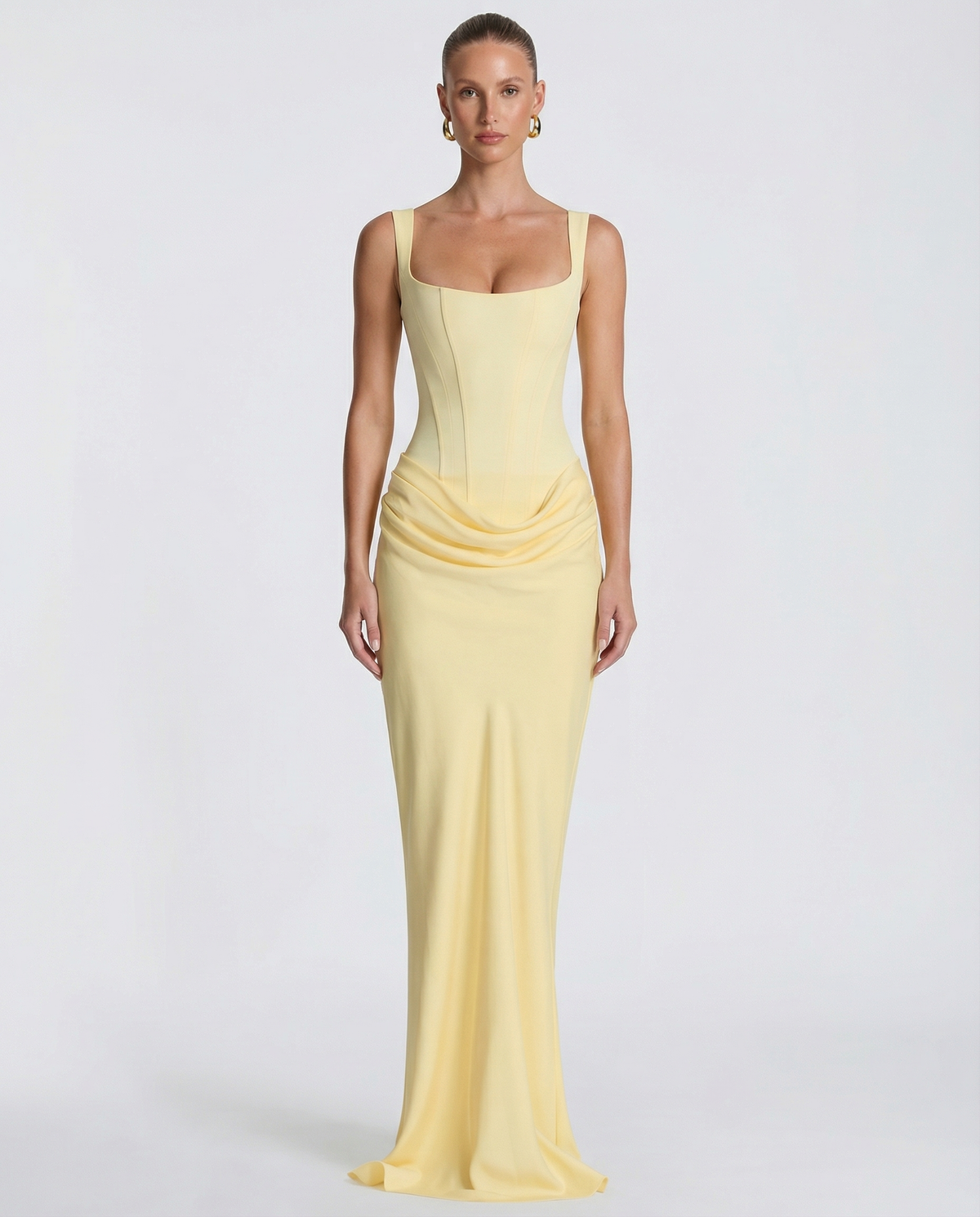 Women's Draped Corset Maxi Dress – Square Neck Evening Gown
