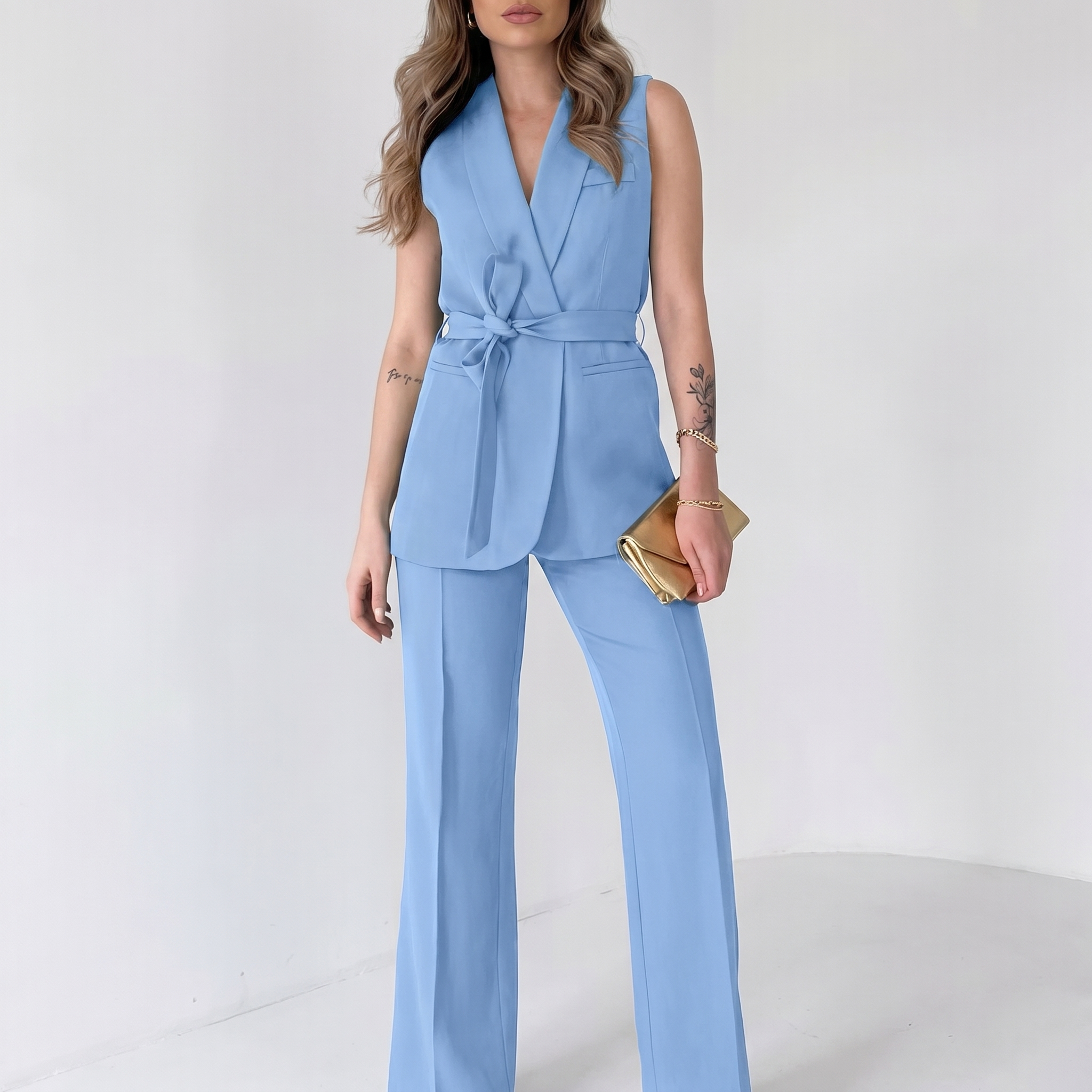 Aurelia Blue Co-ord Set | Wrap Blazer & Straight Leg Trouser Two Piece Suit Women