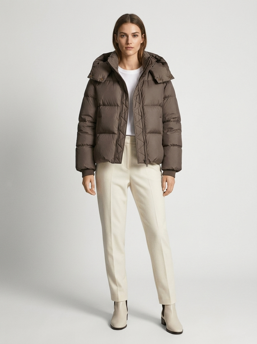 Women's Cropped Puffer Jacket – Funnel Neck Drawstring Hem
