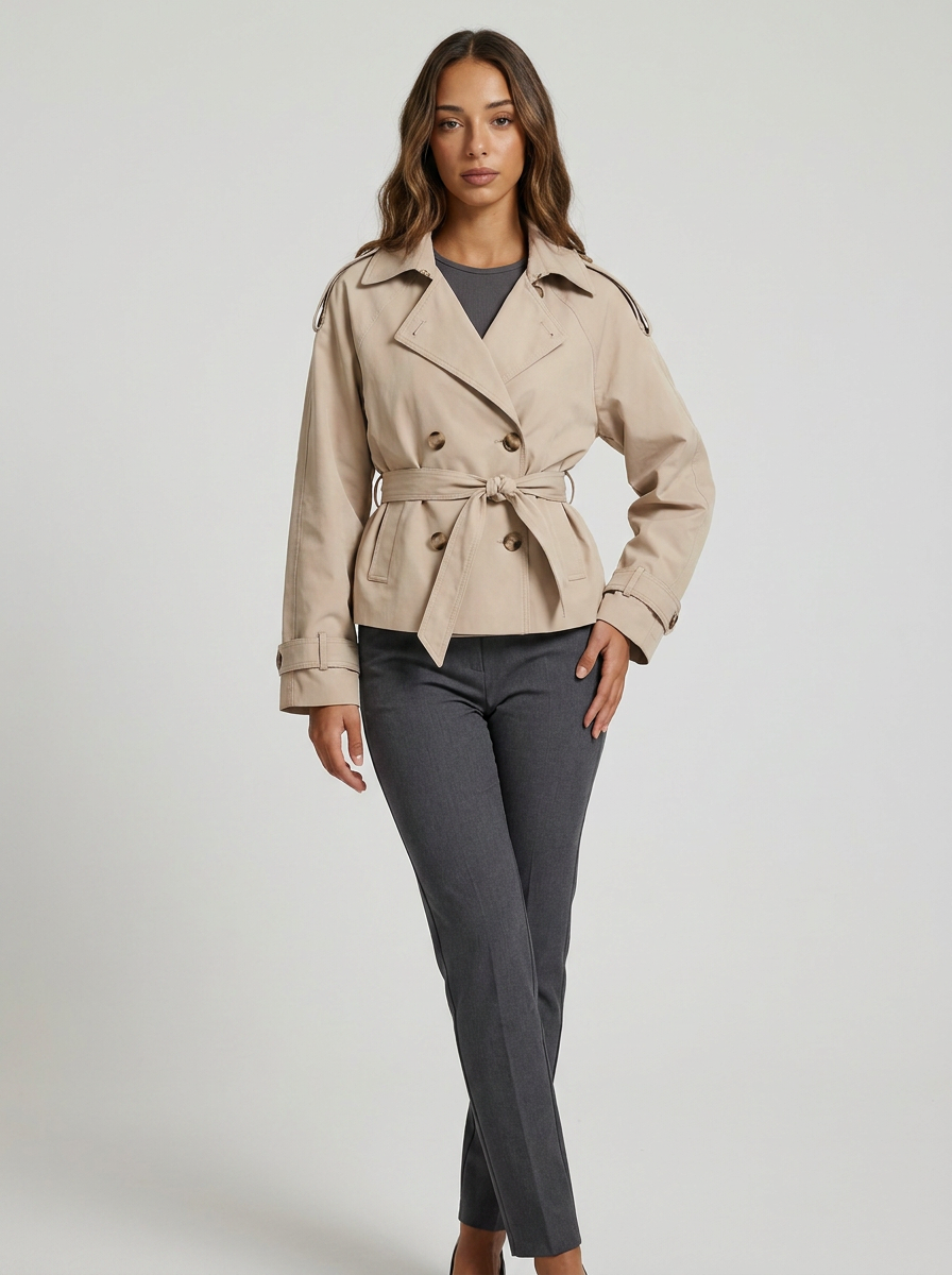 Women's Short Trench Coat – Belted Double-Breasted Jacket