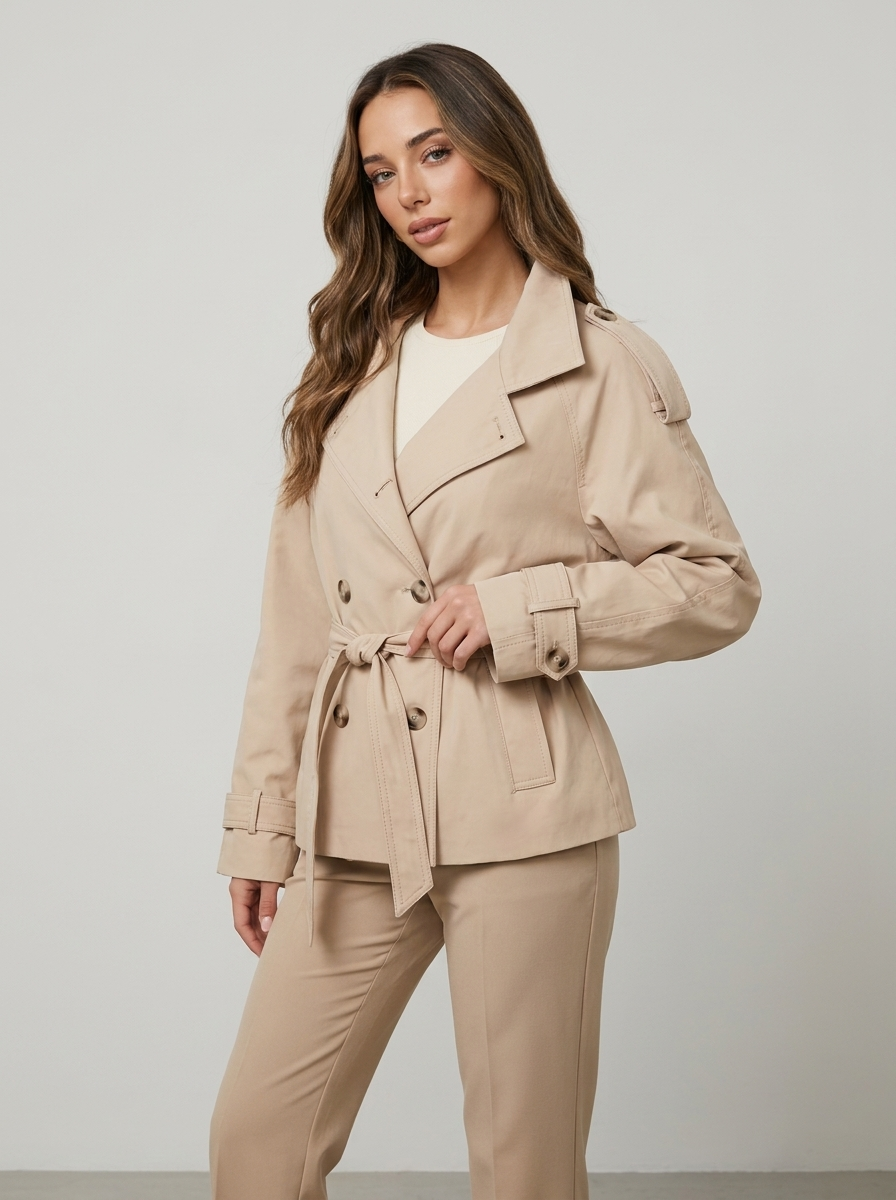 Women's Short Trench Coat – Belted Double-Breasted Jacket