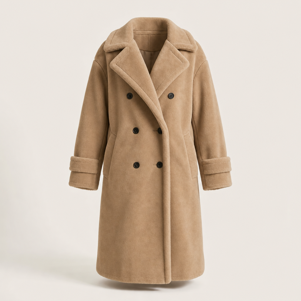 Women's Teddy Lined Long Coat – Double-Breasted Winter Design