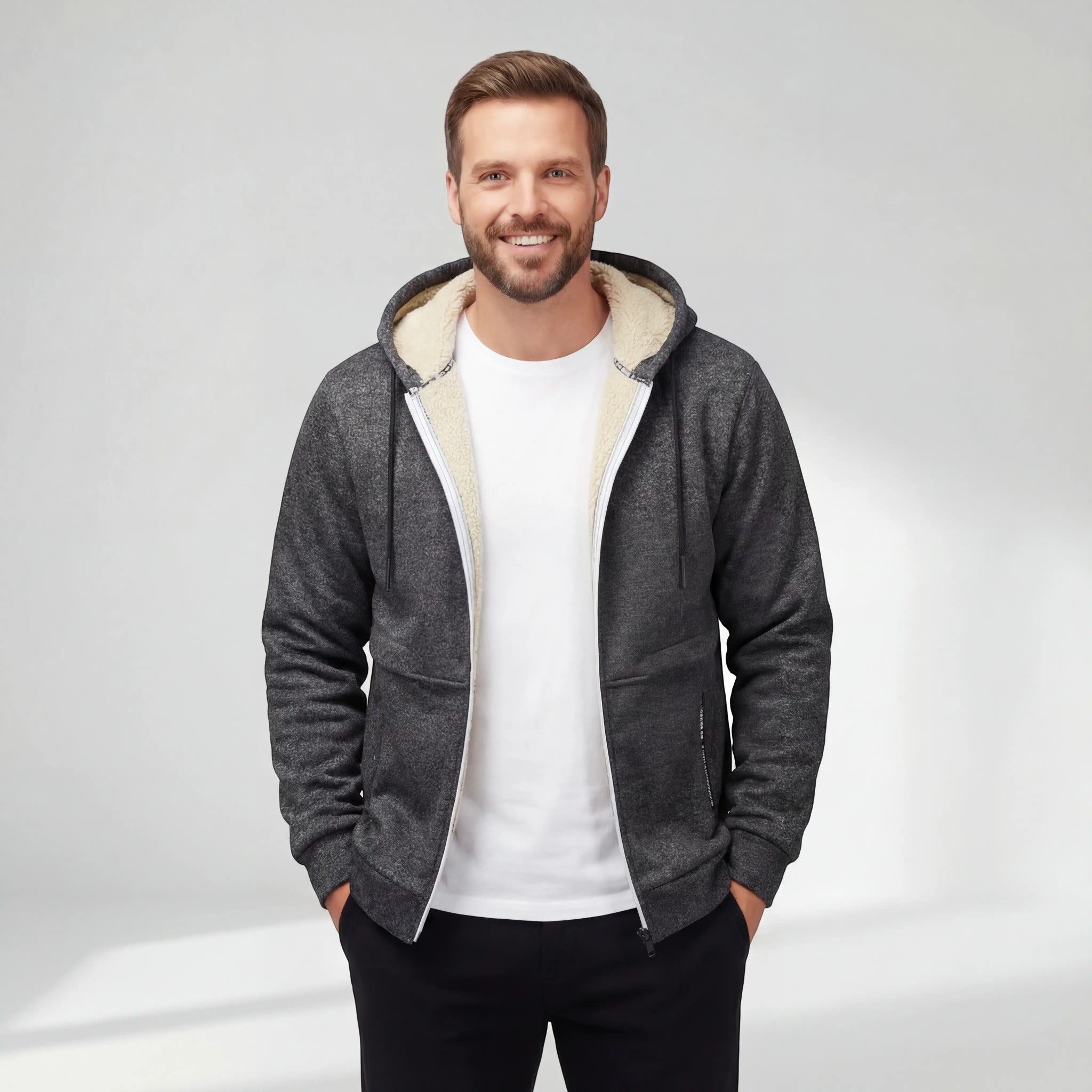 Men's Fleece-Lined Zip-Up Hoodie - Warm Hooded Sweatshirt
