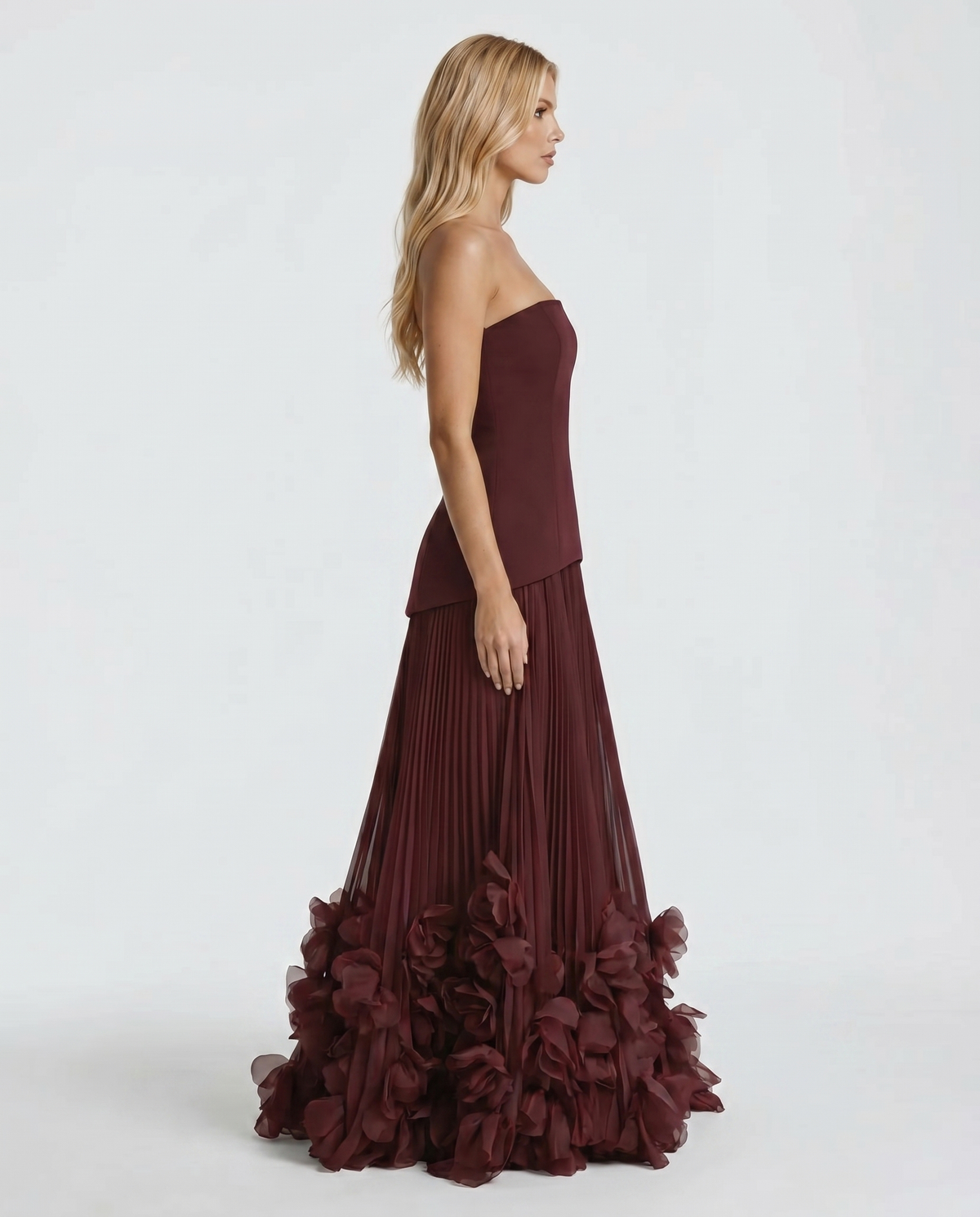 Women’s Strapless Burgundy Maxi Dress – Pleated Occasion Gown