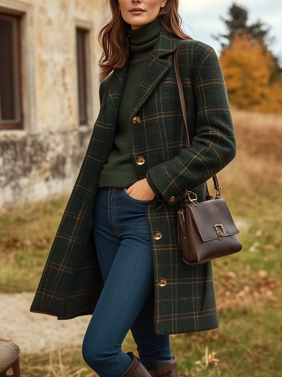 Long Checked Coat for Women Slim Fit Button Closure Winter