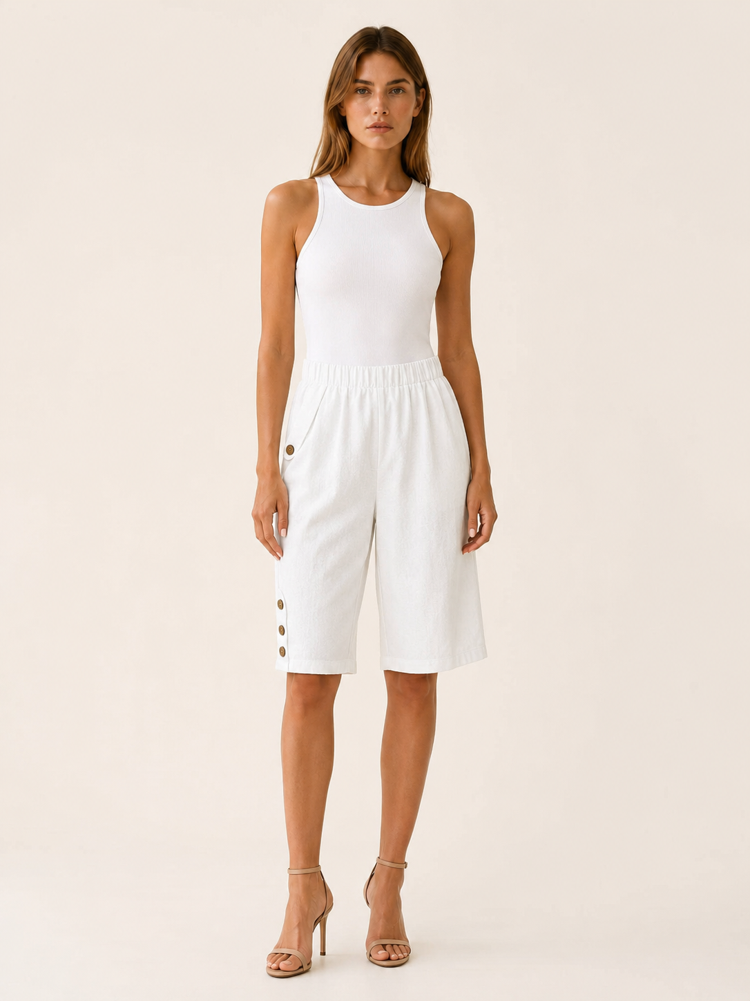 Elastic Waist Shorts with Button Detail