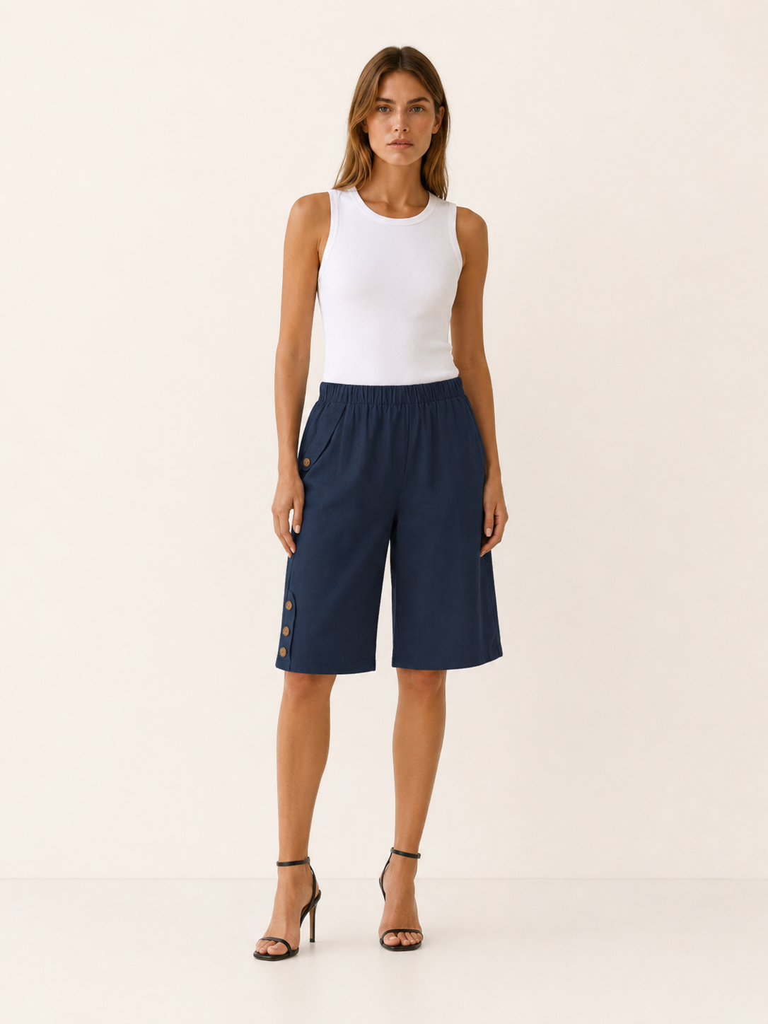 Elastic Waist Shorts with Button Detail