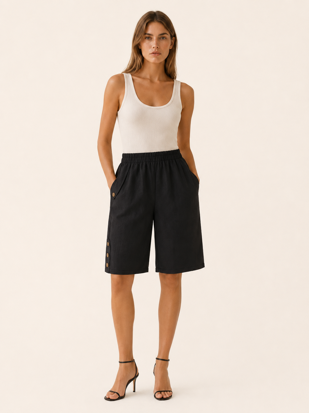 Elastic Waist Shorts with Button Detail