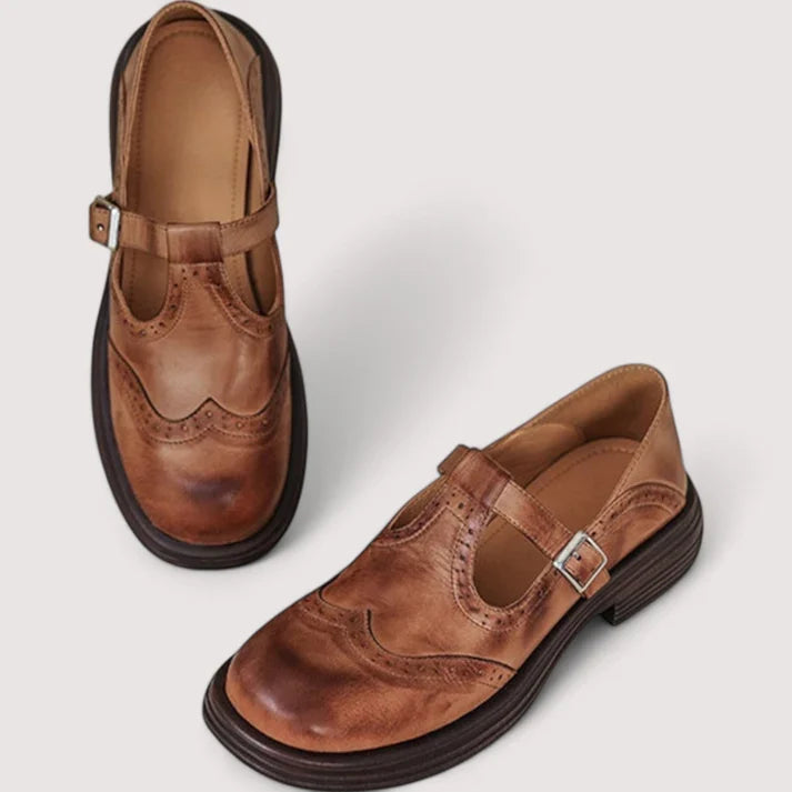 Women's Leather Mary Jane Shoes – Adjustable Strap Comfort Flats