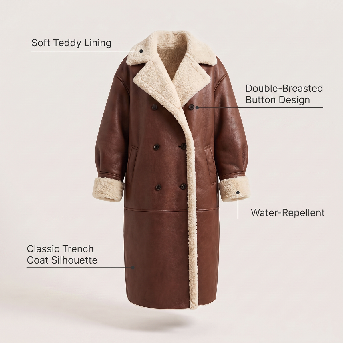 Women's Teddy Lined Long Coat – Double-Breasted Winter Design