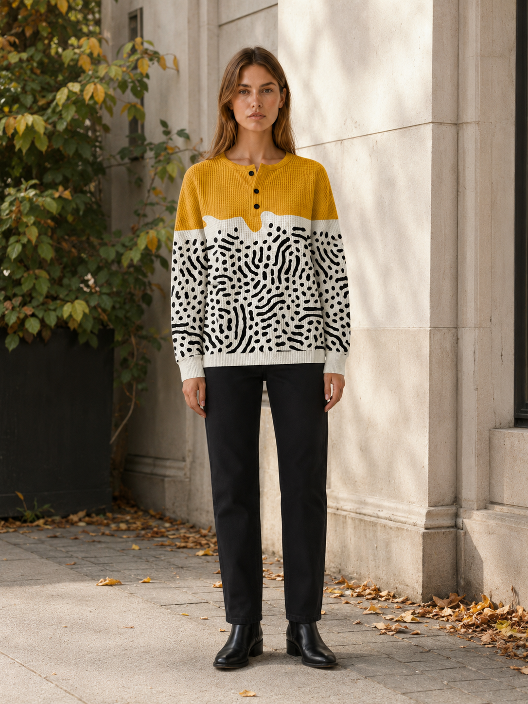 Women's Abstract Button Neck Jumper