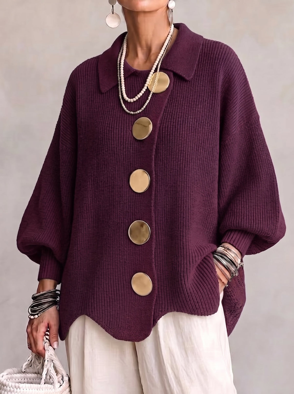 Women's Oversized Collared Cardigan – Gold Button Chunky Knit