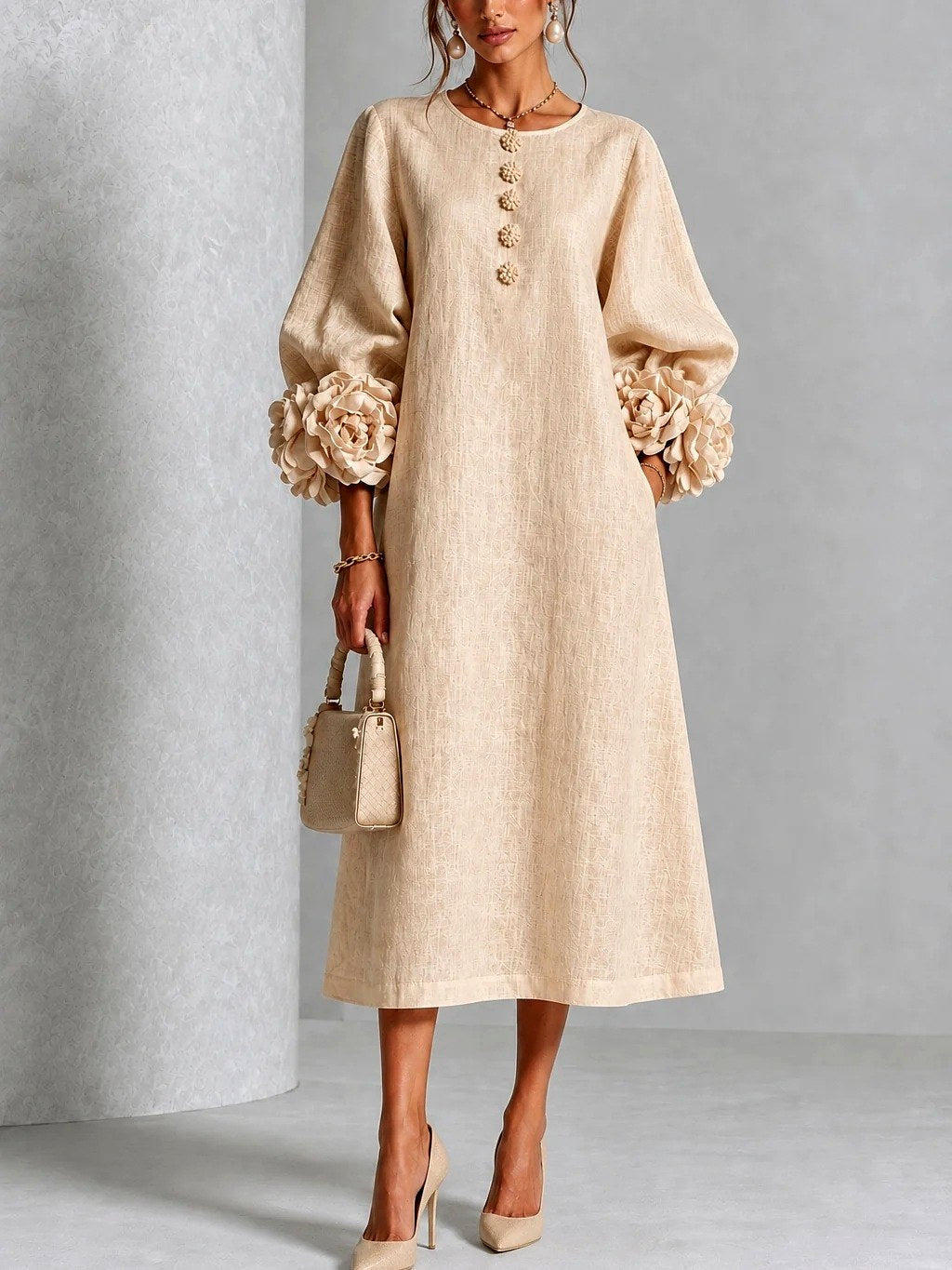 Women's Floral Cuff Midi Dress – Flared Long Sleeve Design