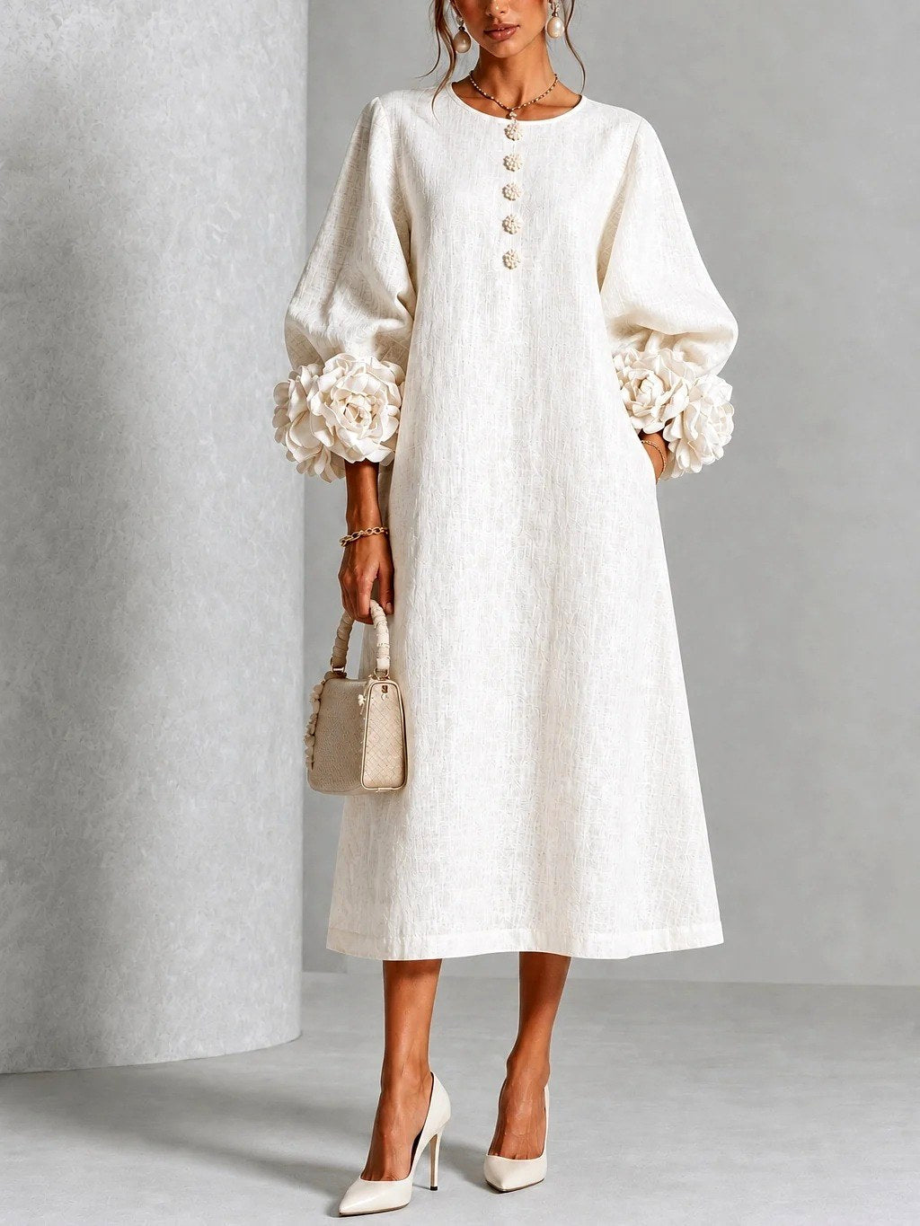 Women's Floral Cuff Midi Dress – Flared Long Sleeve Design
